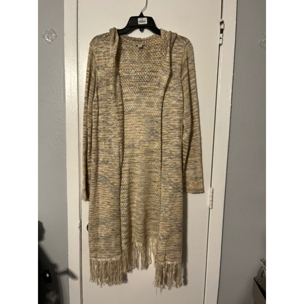 Live and Let Live Womens XL Hooded Duster Cardigan Fringe Space Dye Open Knit